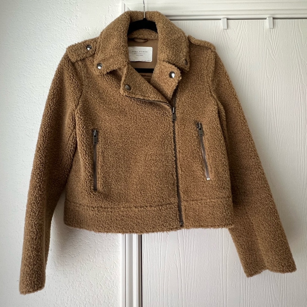 Zara Brown Teddy Moto Jacket Outerwear Small
